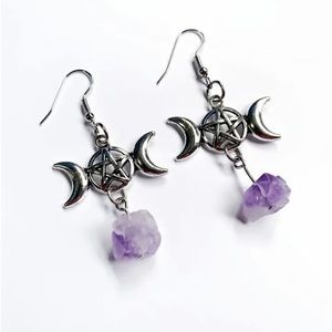 Fashion of Triple Moon Goddess Purple Irregular Crystal Drop Earrings Jewelry